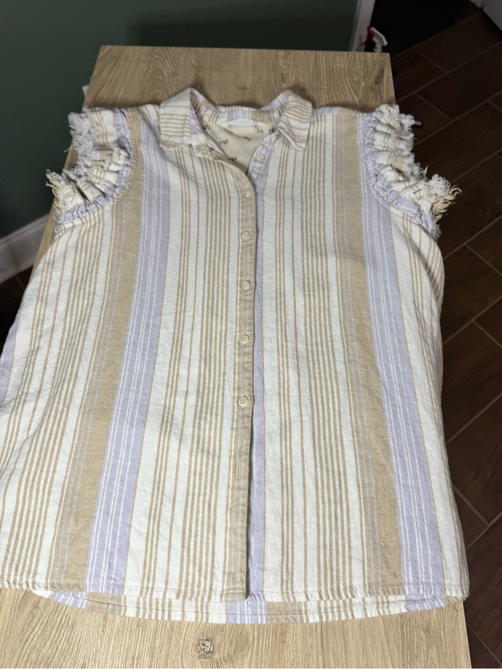 Given Kale Striped Ruffle Sleeve Button Front Boho Top Neutral Cottagecore